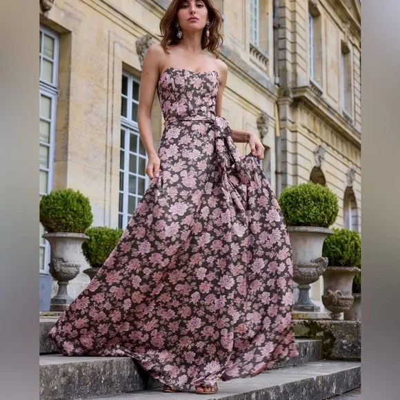 V. Chapman The Cecilia Dress Chocolate Peony Print Size 12 Pink Corset Back NEW - Picture 2 of 7